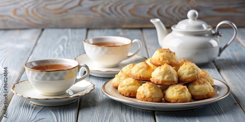 Plate of coconut macaroons pastries with cup of tea and teaset in a studio setting