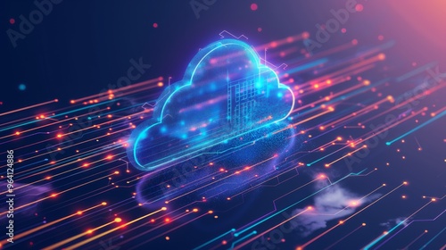 Digital cloud glowing with vibrant neon data streams