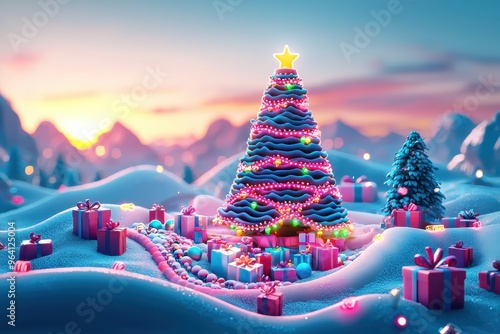 Festive Christmas tree in snowy winter wonderland landscape