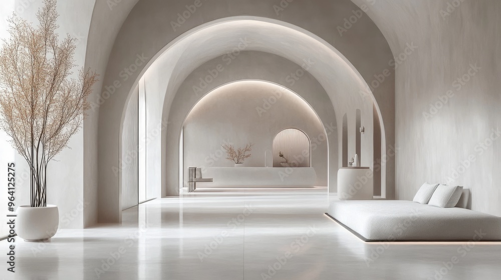 Fototapeta premium Elegant 3D indoor space with arched architectural design, featuring sleek modern interiors and a realistic background for added depth