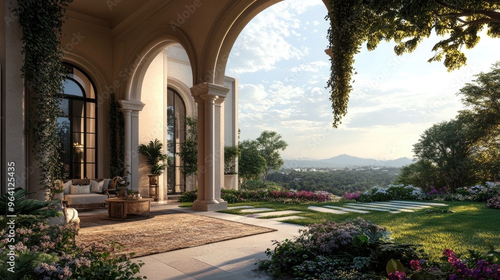 Obraz premium Elegant arch-based building exterior in a 3D-rendered outdoor space, with a realistic landscape background of nature and sky