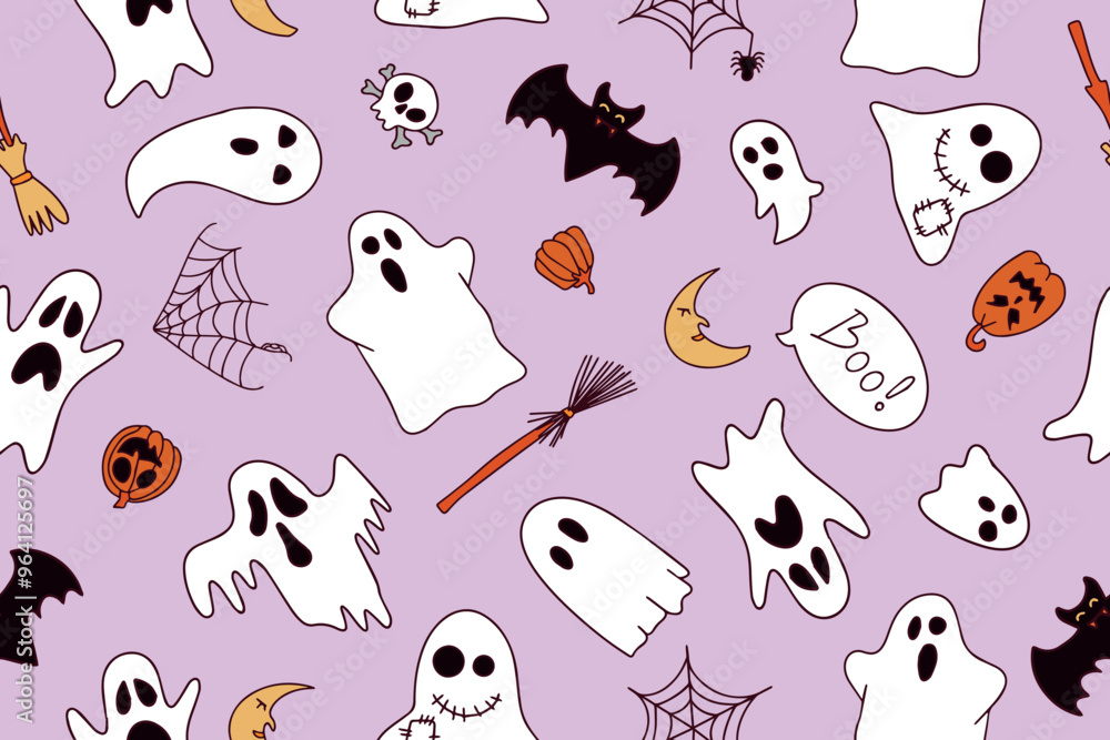 Seamless pattern for Halloween hand drawn doodles and engravings. Fun, cute illustration for seasonal design, textile, kids playroom decoration or greeting card. Vector Seamless pattern for Halloween hand drawn doodles and engravings. Fun, cute illustration for seasonal design, textile, kids playroom decoration or greeting card. Vector