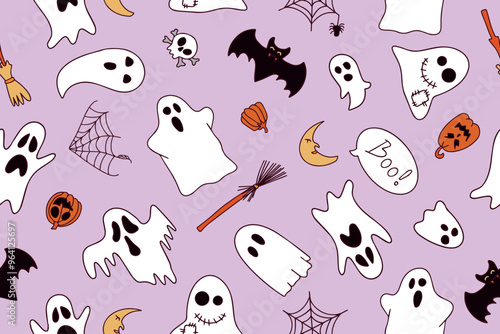 Seamless pattern for Halloween hand drawn doodles and engravings. Fun, cute illustration for seasonal design, textile, kids playroom decoration or greeting card. Vector