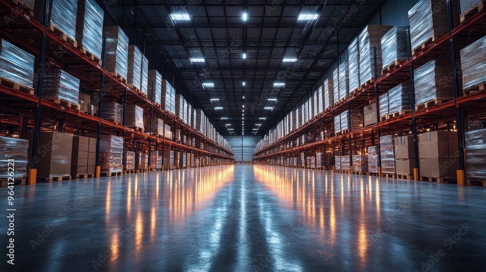 Fototapeta premium Clean warehouse with empty pallet racks and shining concrete floor.