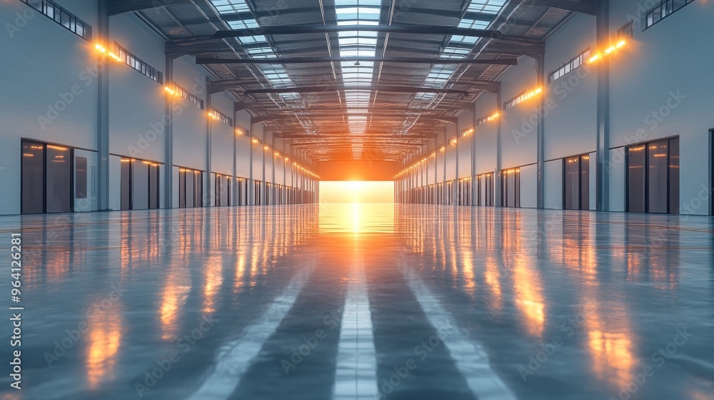 Clean warehouse with high bay lighting and polished, dust-free surfaces. Clean warehouse with high bay lighting and polished, dust-free surfaces.