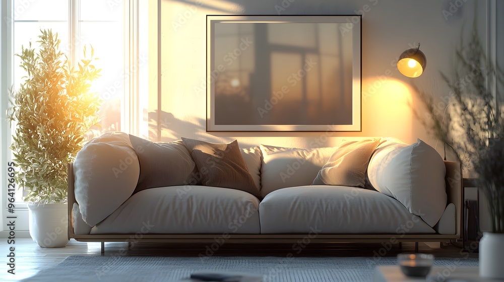 Sofa with Floating Frame
A cozy sofa with an empty frame that appears to float on the wall above, with no visible mounting, giving the space a modern, airy feel. Soft cushions and warm lighting enhanc Sofa with Floating Frame
A cozy sofa with an empty frame that appears to float on the wall above, with no visible mounting, giving the space a modern, airy feel. Soft cushions and warm lighting enhanc