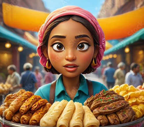 A lively illustration of a cartoon girl at a bustling street food market, surrounded by various delicious foods. Perfect for themes related to food festivals, markets, and cultural diversity.. AI photo