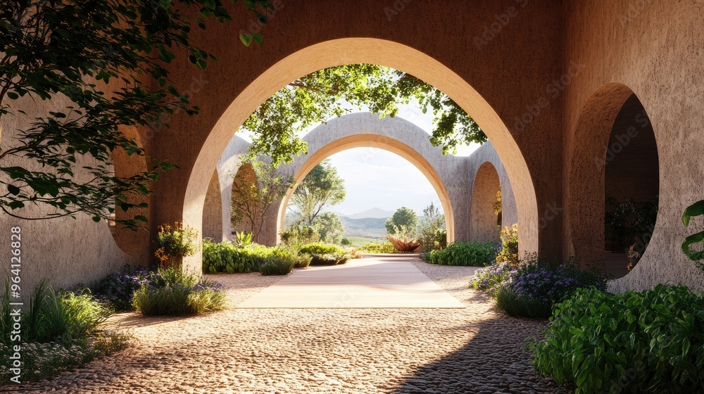 Fototapeta premium Stunning exterior arch buildings in a 3D-rendered outdoor space, with a lifelike background of nature and open skies