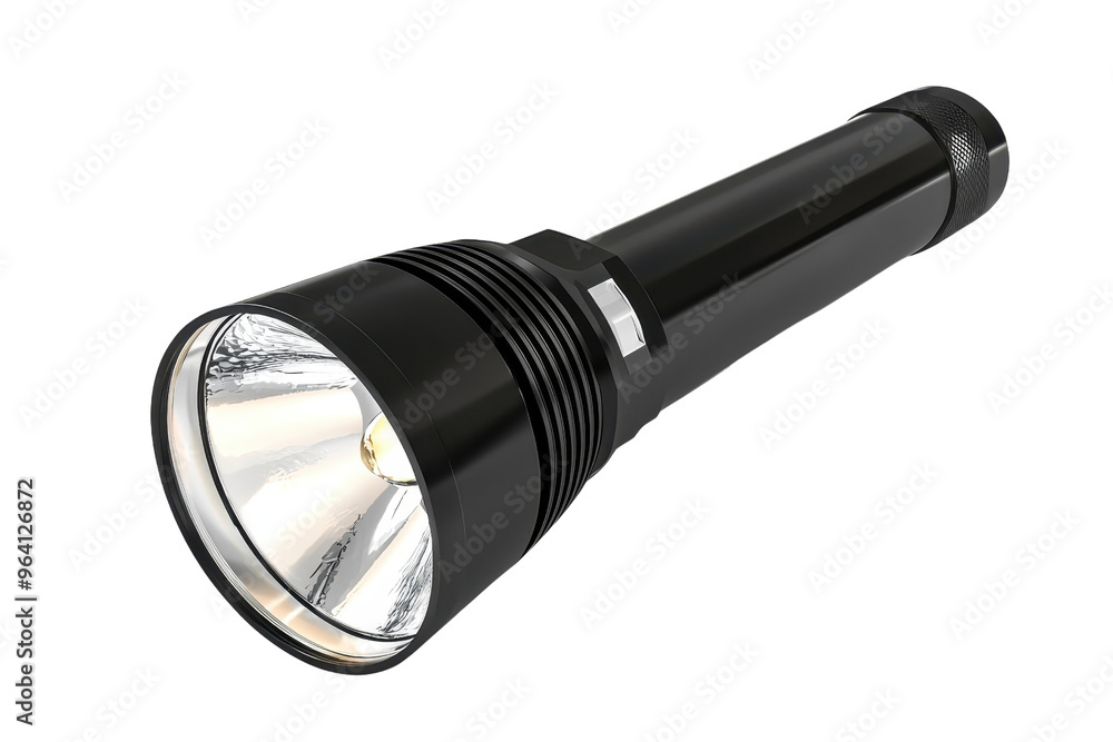 Close-up image of a black flashlight with a modern design, shown isolated against a transparent background. Close-up image of a black flashlight with a modern design, shown isolated against a transparent background.