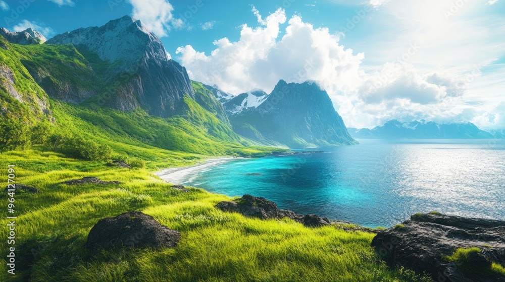Obraz premium A beautiful mountain landscape with clear blue sea and lush green grasses under the bright daylight, with a stunning sky in the background