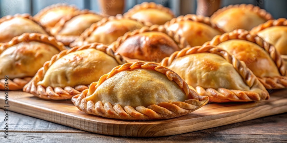 Close-up of a rack of traditional Argentinian empanadas on a kitchen counter Close-up of a rack of traditional Argentinian empanadas on a kitchen counter