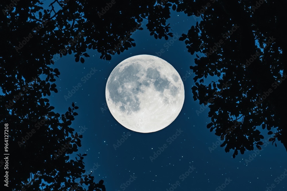 Fototapeta premium Enchanting full moon framed silhouetted tree branches at night