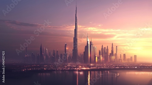 Cityscape with Skyscrapers at Sunset.