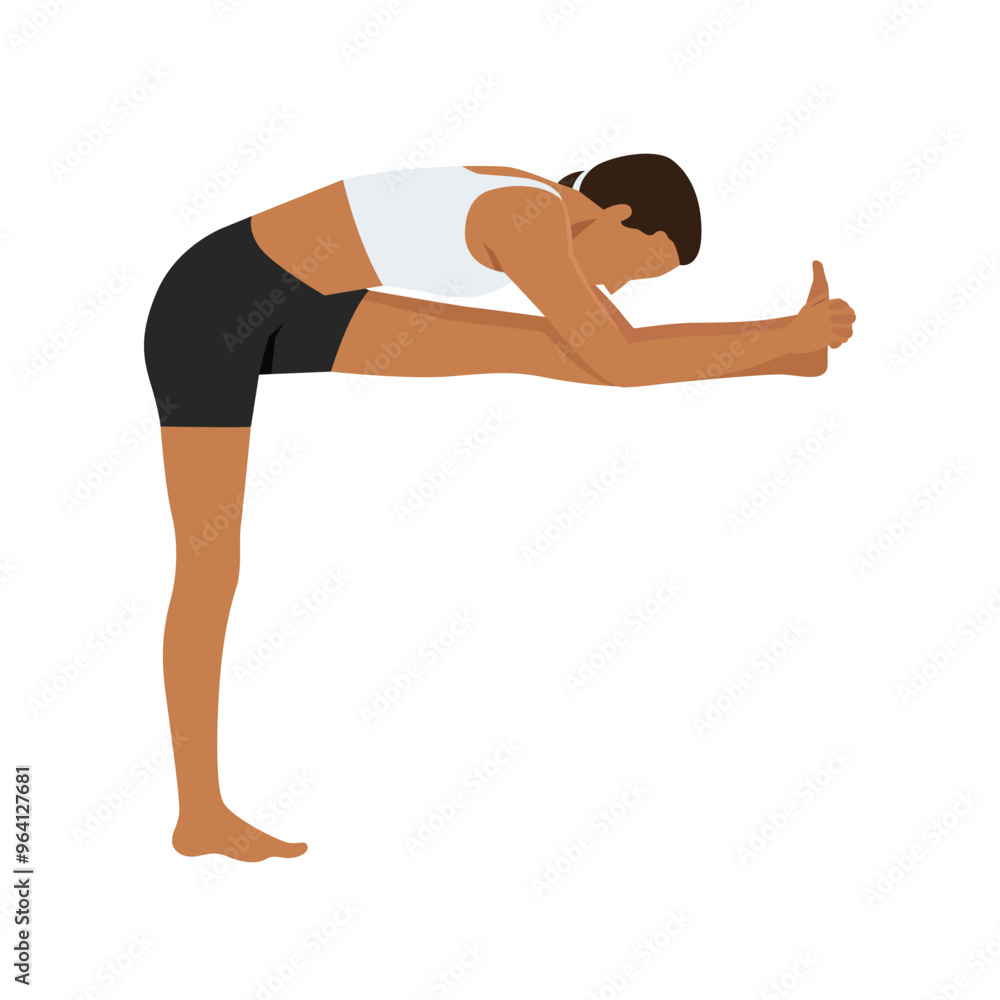 Young woman doing Standing Head To Knee Pose Dandayamana Janu Sirsasana yoga exercise. Flat vector illustration isolated on white background Young woman doing Standing Head To Knee Pose Dandayamana Janu Sirsasana yoga exercise. Flat vector illustration isolated on white background