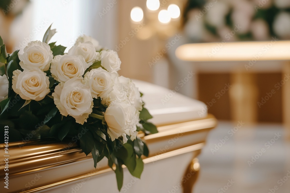 Obraz premium A casket with white roses on top of it at the funeral home, concept of funeral rituals, ritual business, honouring and remembering the dead, the afterlife, traditional burial