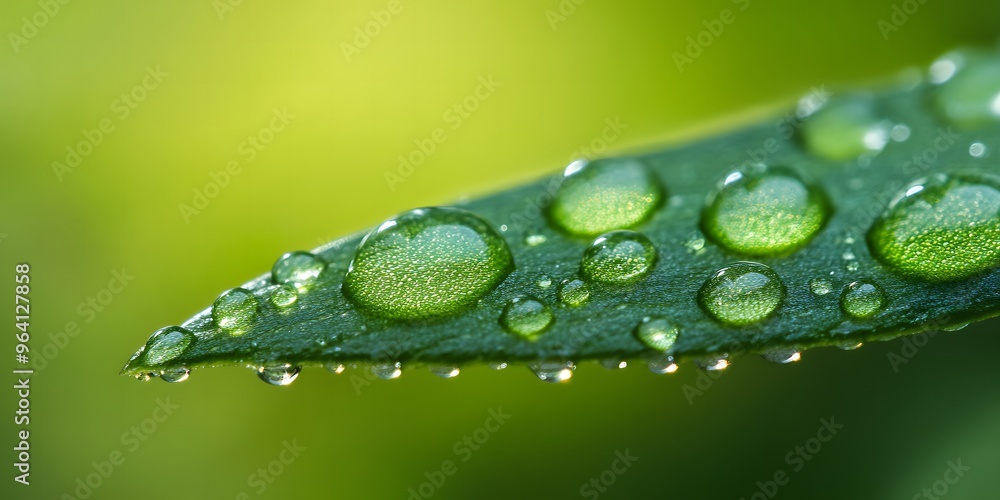 Close-up of water droplets on a green leaf, macro photography, macro lens Close-up of water droplets on a green leaf, macro photography, macro lens