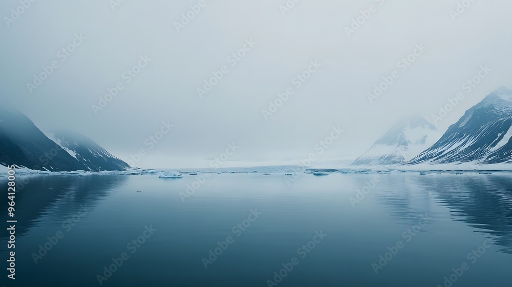 Fototapeta premium Glacier mountains and calm sea in arctic landscape
