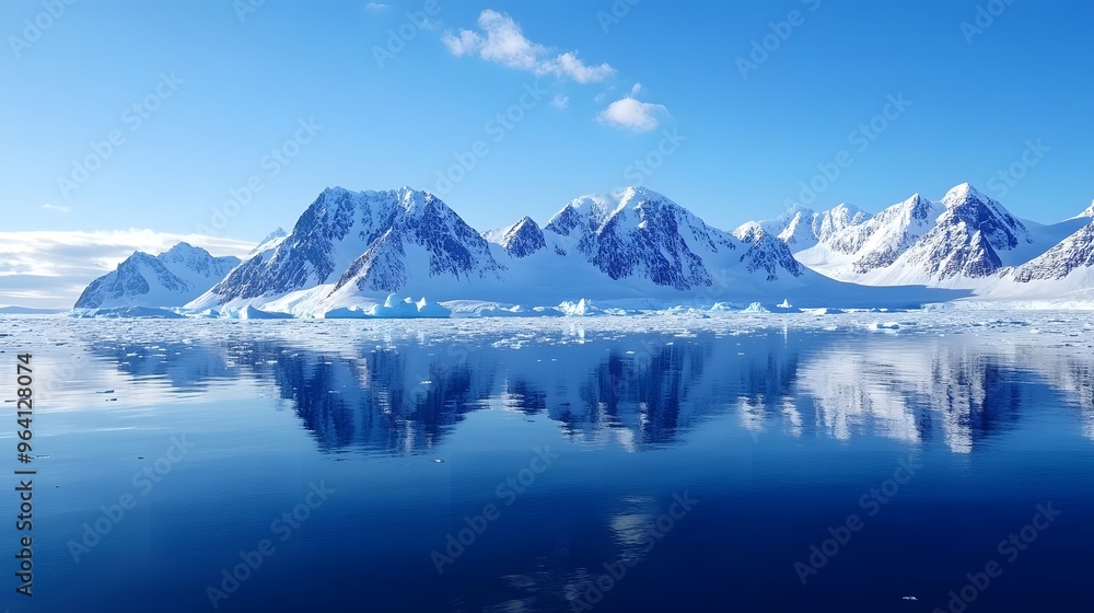 Fototapeta premium Glacier mountains and calm sea in arctic landscape
