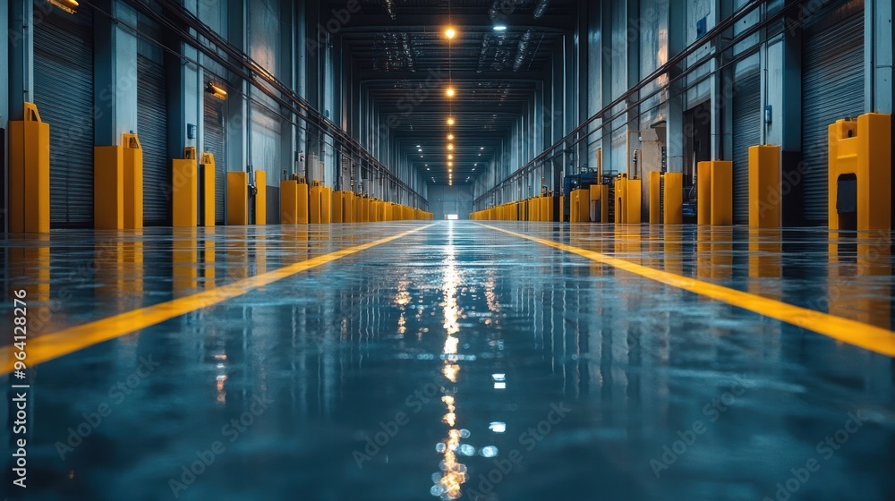 Clean warehouse automation with empty background and space for eco-friendly messaging. Clean warehouse automation with empty background and space for eco-friendly messaging.