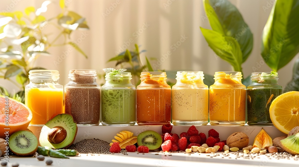 A row of glass jars filled with various fruit smoothies and other healthy foods A row of glass jars filled with various fruit smoothies and other healthy foods