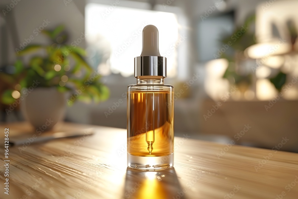 A bottle of essential oil sits on a wooden table A bottle of essential oil sits on a wooden table