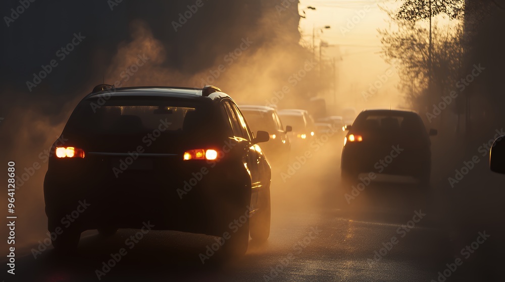 Cars Driving Through Fog at Sunset Cars Driving Through Fog at Sunset