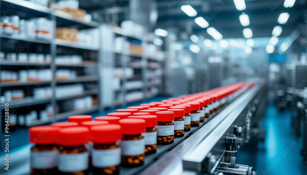 Fototapeta premium A factory setting showcasing a pharmaceutical production line. The scene features a long conveyor