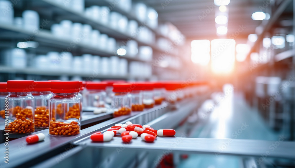 A factory setting showcasing a pharmaceutical production line. The scene features a long conveyor A factory setting showcasing a pharmaceutical production line. The scene features a long conveyor