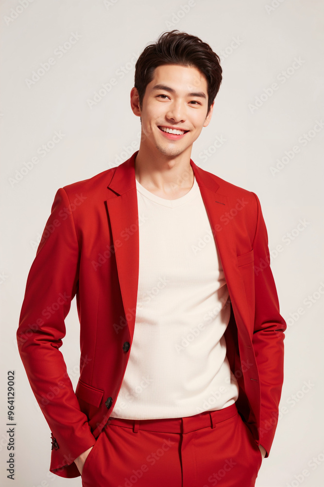 A man in a red suit and white shirt is smiling A man in a red suit and white shirt is smiling