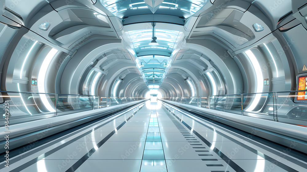 A futuristic train station with maglev tracks and energy-generating turnstiles A futuristic train station with maglev tracks and energy-generating turnstiles