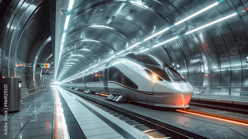 A futuristic train station with maglev tracks and energy-generating turnstiles 