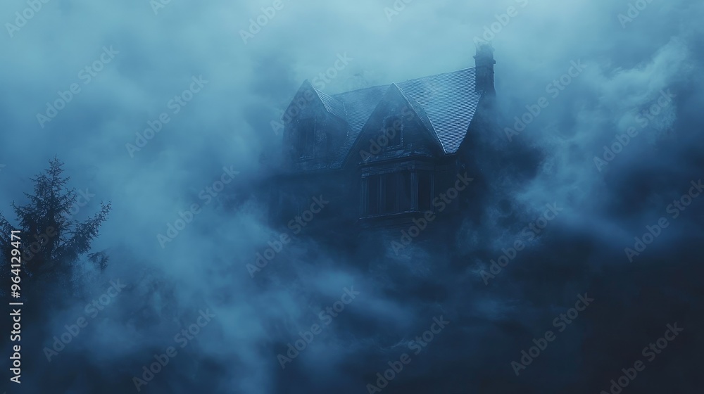 Spooky fog swirling around haunted house Spooky fog swirling around haunted house