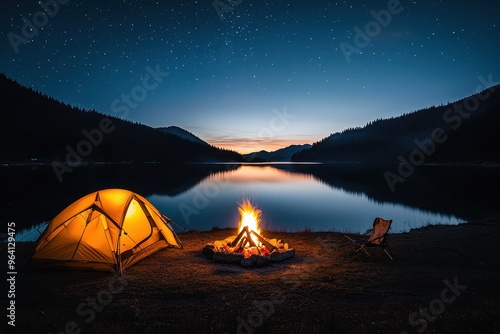 Cozy campfire at a lakeside campsite, glowing embers, tent silhouettes, starry sky, night photography, dreamy, nostalgic vibes photo