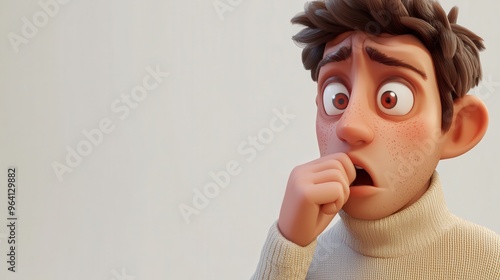 A 3D cartoon character coughing into their hand, with a flushed face and tired eyes, suggesting a bad cough, on a white background 