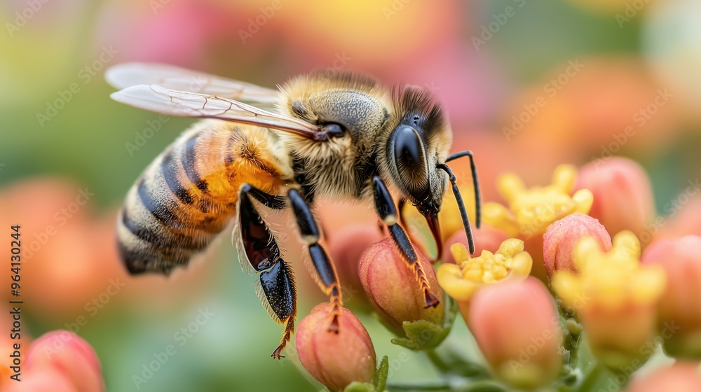 Close-up of a Bee Pollinating a Vibrant Flower in a Lush Garden: Emphasizing Biodiversity and Eco-system Balance Close-up of a Bee Pollinating a Vibrant Flower in a Lush Garden: Emphasizing Biodiversity and Eco-system Balance