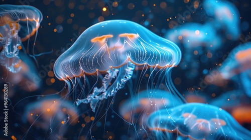 Imagine an underwater world where a group of jellyfish float serenely through the deep ocean