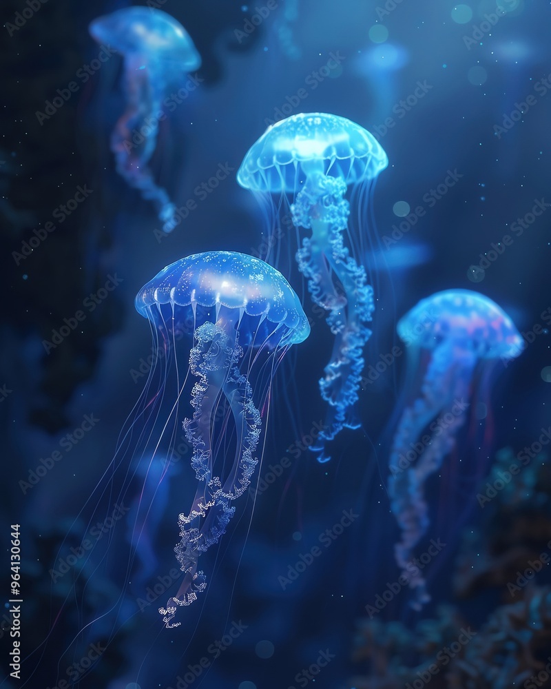 Create an enchanting underwater scene where a group of jellyfish float serenely through the deep ocean Create an enchanting underwater scene where a group of jellyfish float serenely through the deep ocean