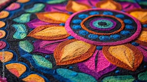 Close-up of a colorful mandala with a textured surface.