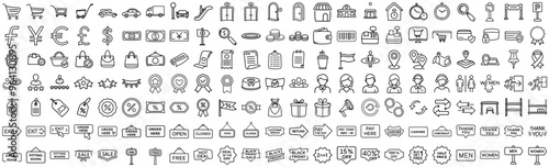Comprehensive Business, Finance, Shopping, and Black Friday Icon Set in Minimalist Black Line Art