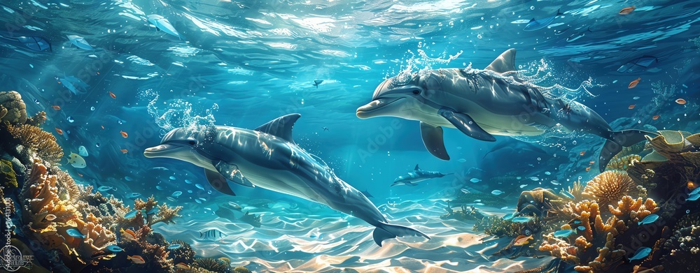 Obraz premium Design a serene underwater world where a group of dolphins swim gracefully through the clear blue waters