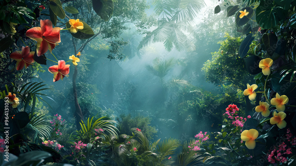 A lush green jungle with a variety of flowers and plants. Tropical forest, meadow with flowers and tropical vines A lush green jungle with a variety of flowers and plants. Tropical forest, meadow with flowers and tropical vines