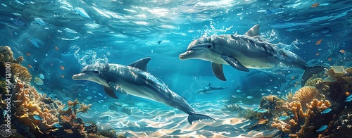 Design a serene underwater world where a group of dolphins swim gracefully through the clear blue waters