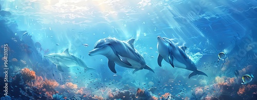 Design a serene underwater world where a group of dolphins swim gracefully through the clear blue waters