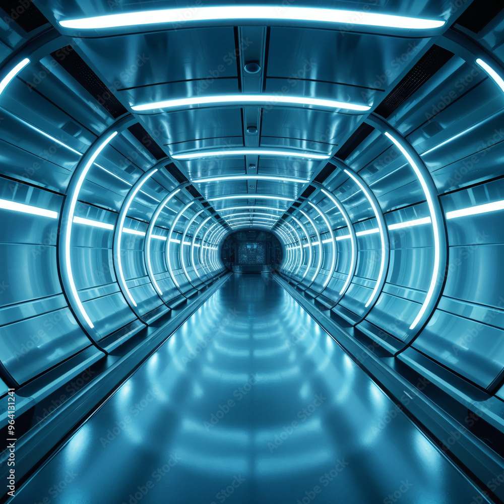 Futuristic illuminated tunnel with blue glowing lights and modern design Futuristic illuminated tunnel with blue glowing lights and modern design