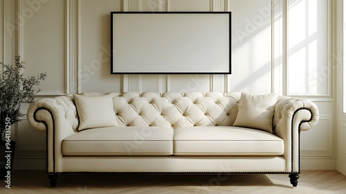 Sofa with Multiple Small Frames
A simple sofa with multiple small empty frames arranged in a gallery style on the wall, adding a playful, artistic touch to the space while keeping the overall look lig photo