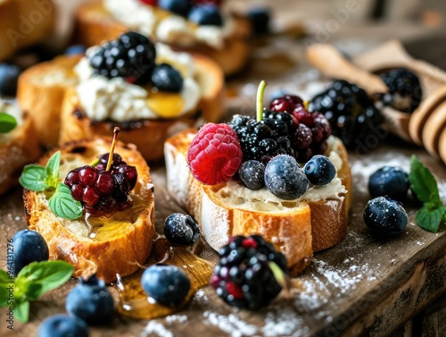 Blue Cheese on Bread, Gorgonzola with Berries and Honey, Bruschetta with Ricotta, Blueberries photo