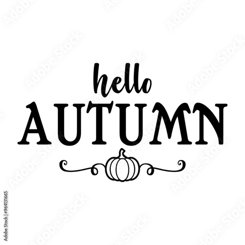 Logo con texto manuscrito hello autumn con silueta de calabaza con florituras para su uso en felicitaciones y tarjetas