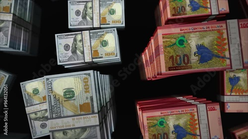 American Dollar and Bolivia money Bolivian Boliviano money exchange. Paper banknotes pack bundle. Concept of trade, economy, competition, crisis, banking and finance. Notes loopable seamless 3d. photo