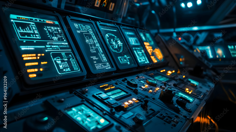Futuristic machinery control panel with digital displays, buttons, and levers, glowing softly under dim ambient light Futuristic machinery control panel with digital displays, buttons, and levers, glowing softly under dim ambient light