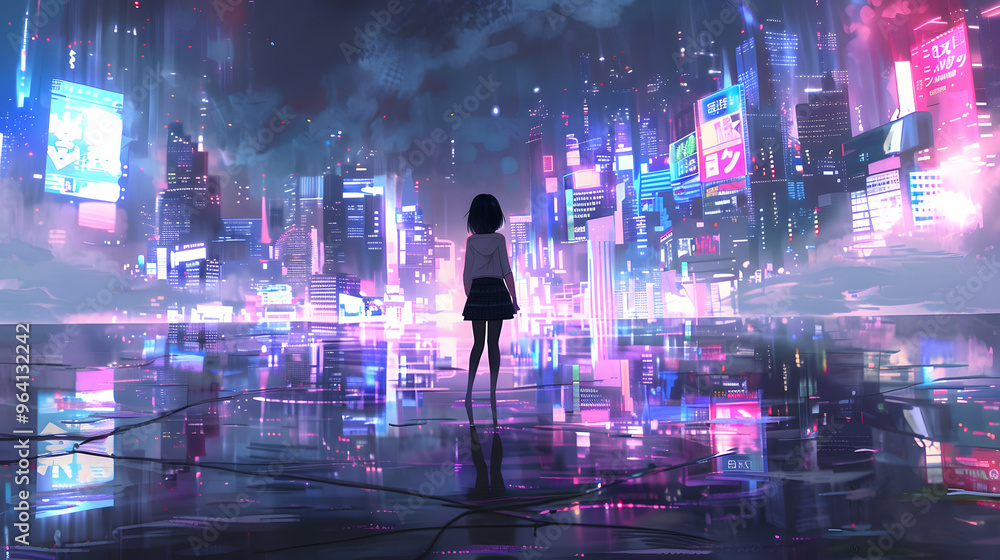A Japanese girl with short black hair exploring a neon-lit cityscape. Cyberpunk Tokyo. Midnight. Holographic advertisements reflecting in puddles. A Japanese girl with short black hair exploring a neon-lit cityscape. Cyberpunk Tokyo. Midnight. Holographic advertisements reflecting in puddles.